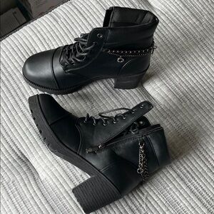Daisy Fuentes Black Combat Boots with Chain Accent